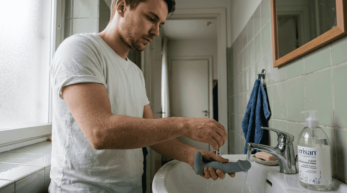 Mies pesee seksilelua vesihanan alla kylpyhuoneessa.