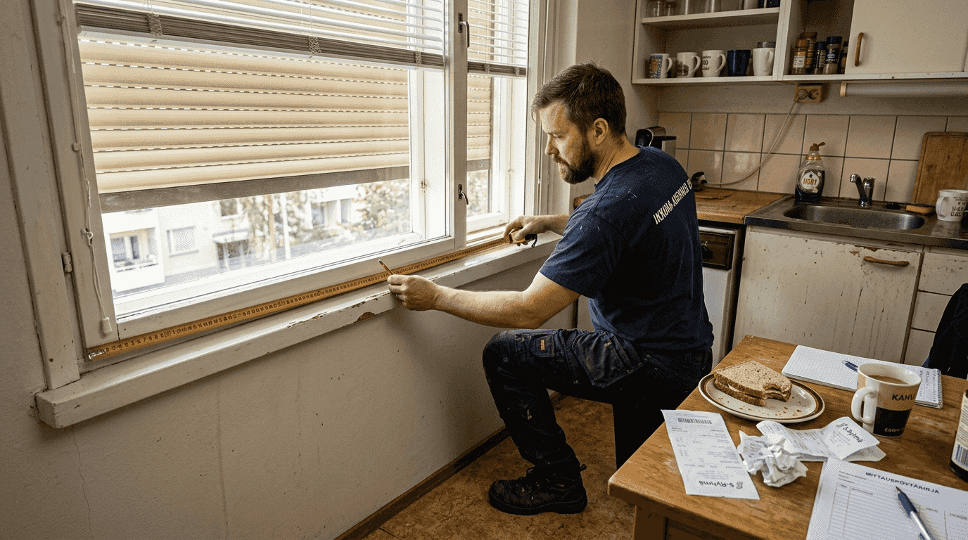 Asentaja mittaamassa keittiön ikkunaa sälekaihtimia varten.