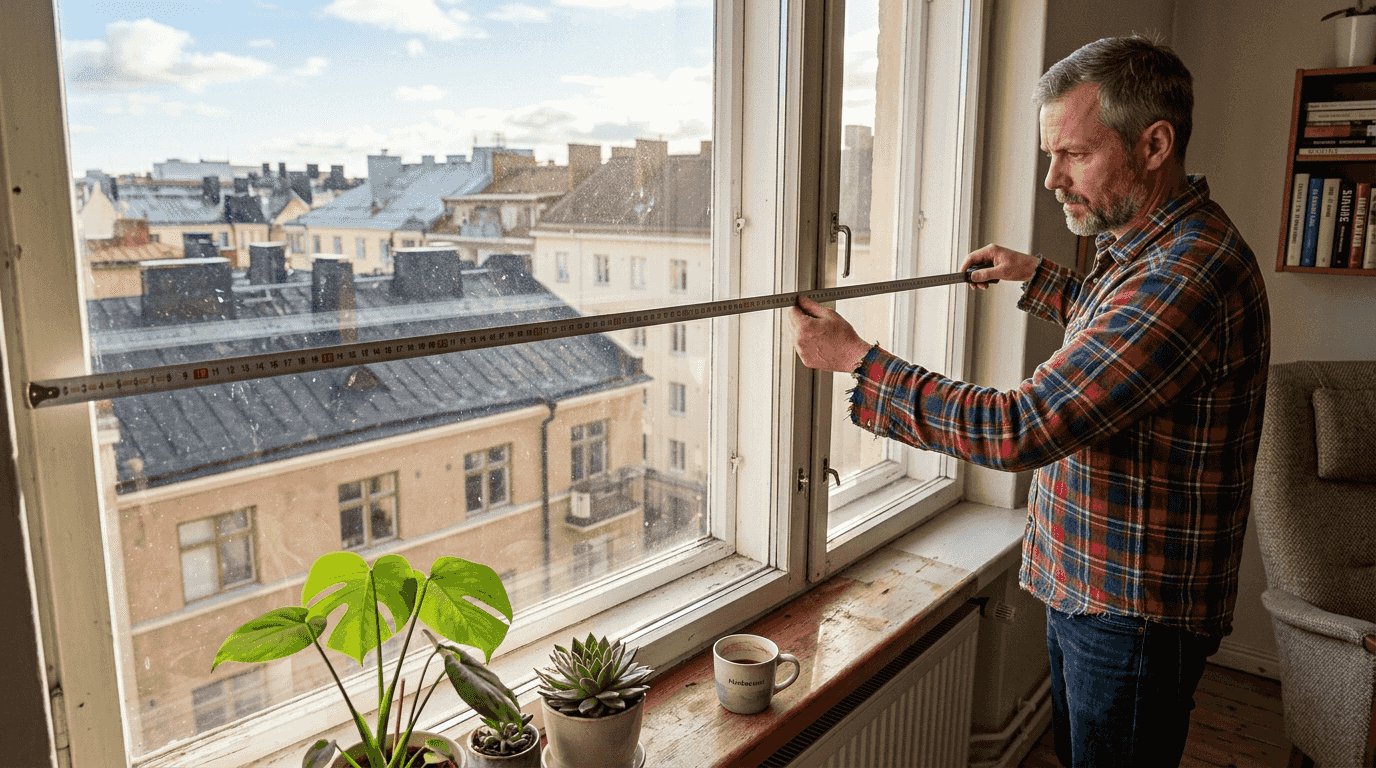 Mies mittaamassa ikkunaa pimennysverhoa varten