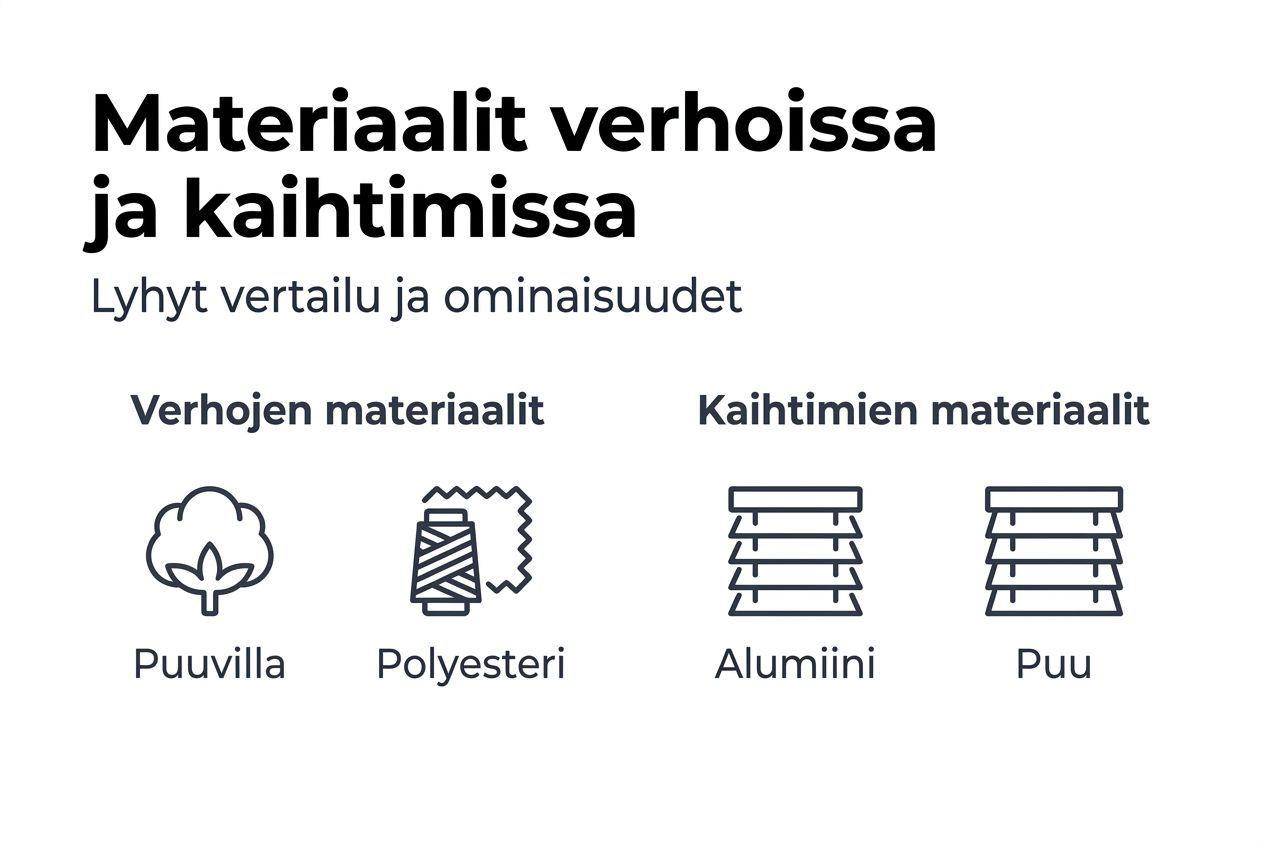 Kuvallinen katsaus verhojen ja kaihtimien eri materiaaleihin