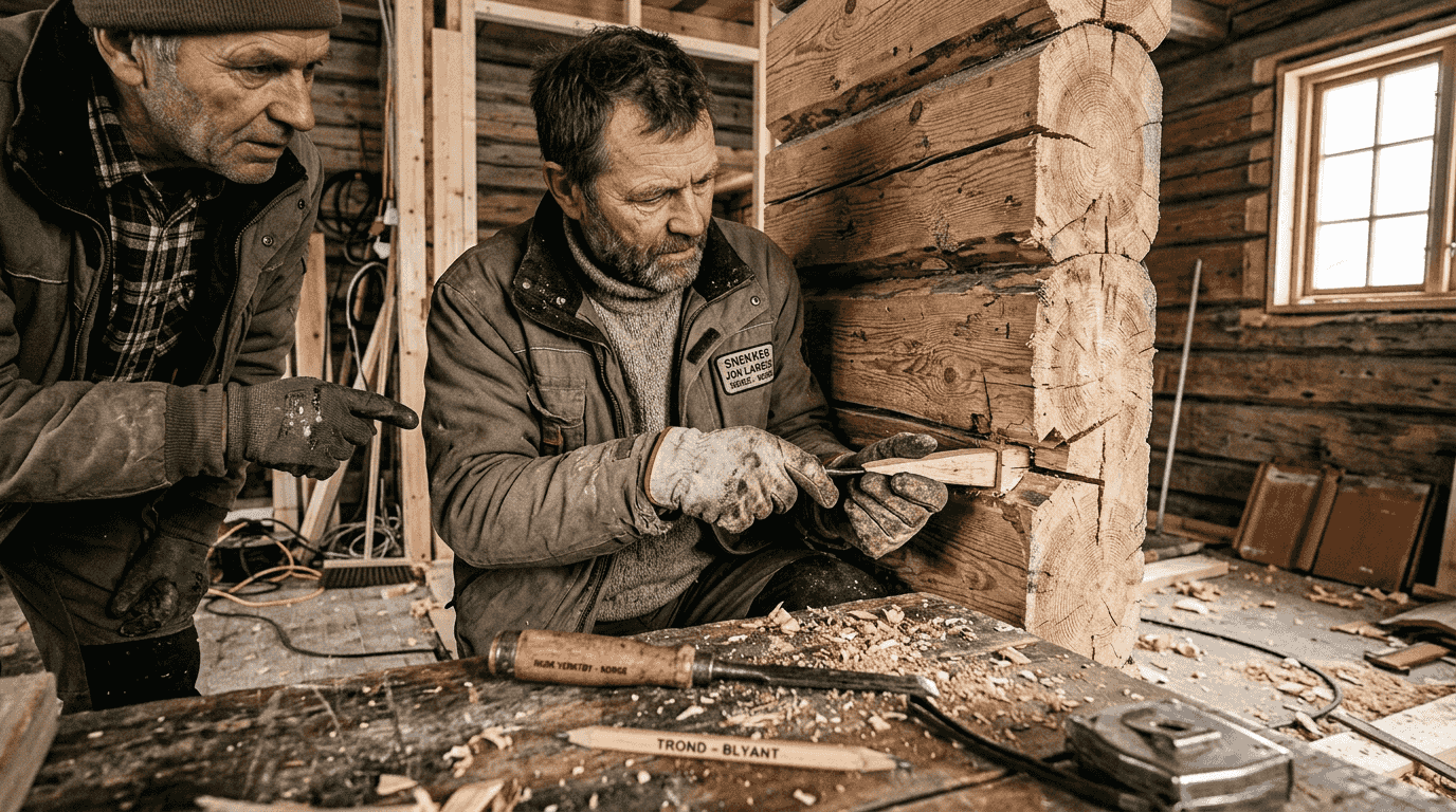 To snekkere ser nøye over en skjøt i tømmerkonstruksjonen.