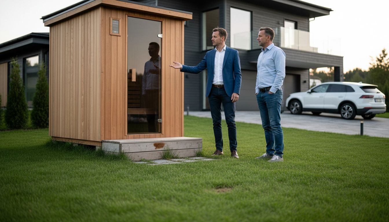 Mäklaren presenterar en stilren utomhusbastu i anslutning till villan