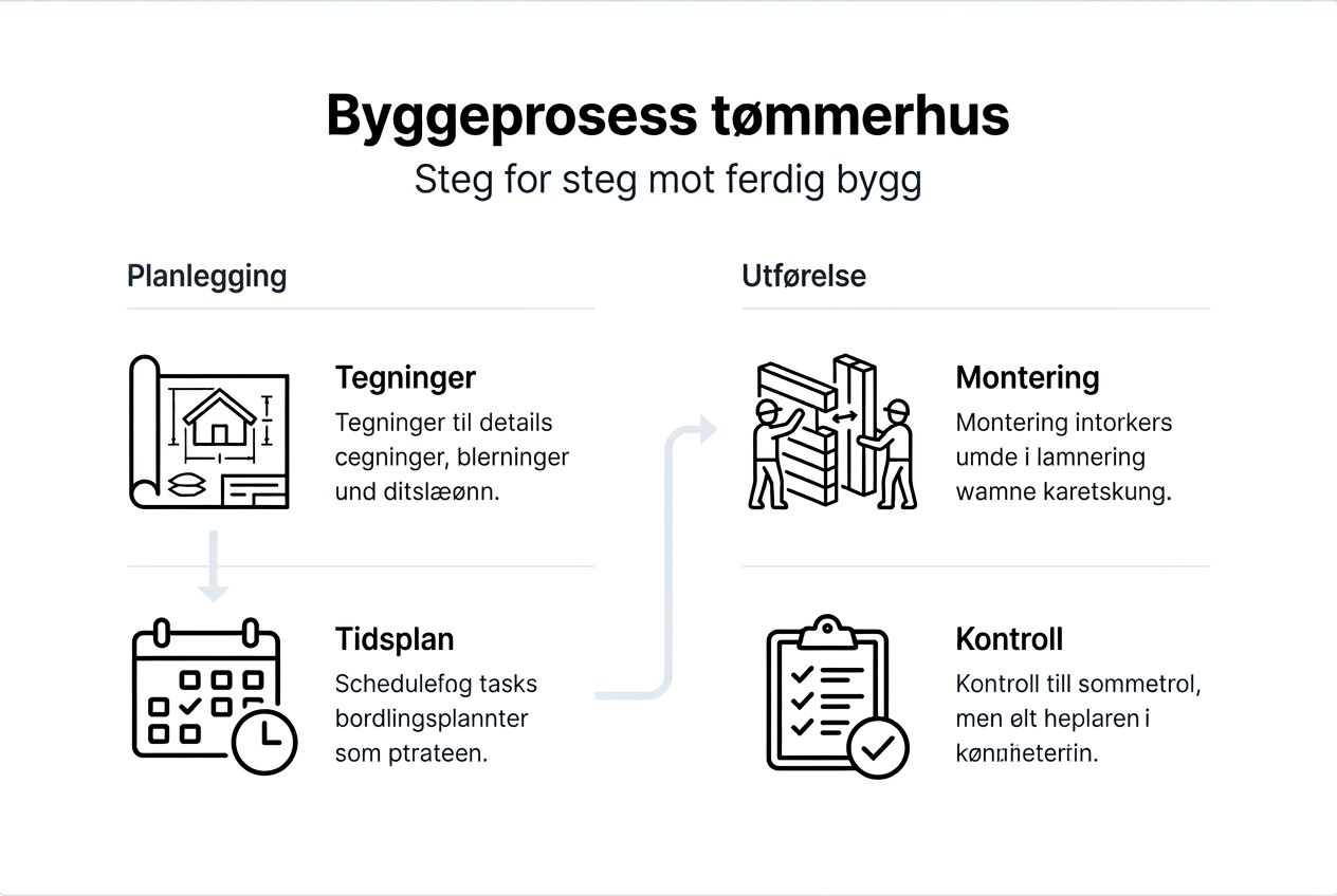 Illustrasjon som viser stegene i byggeprosessen for en tømmerhytte
