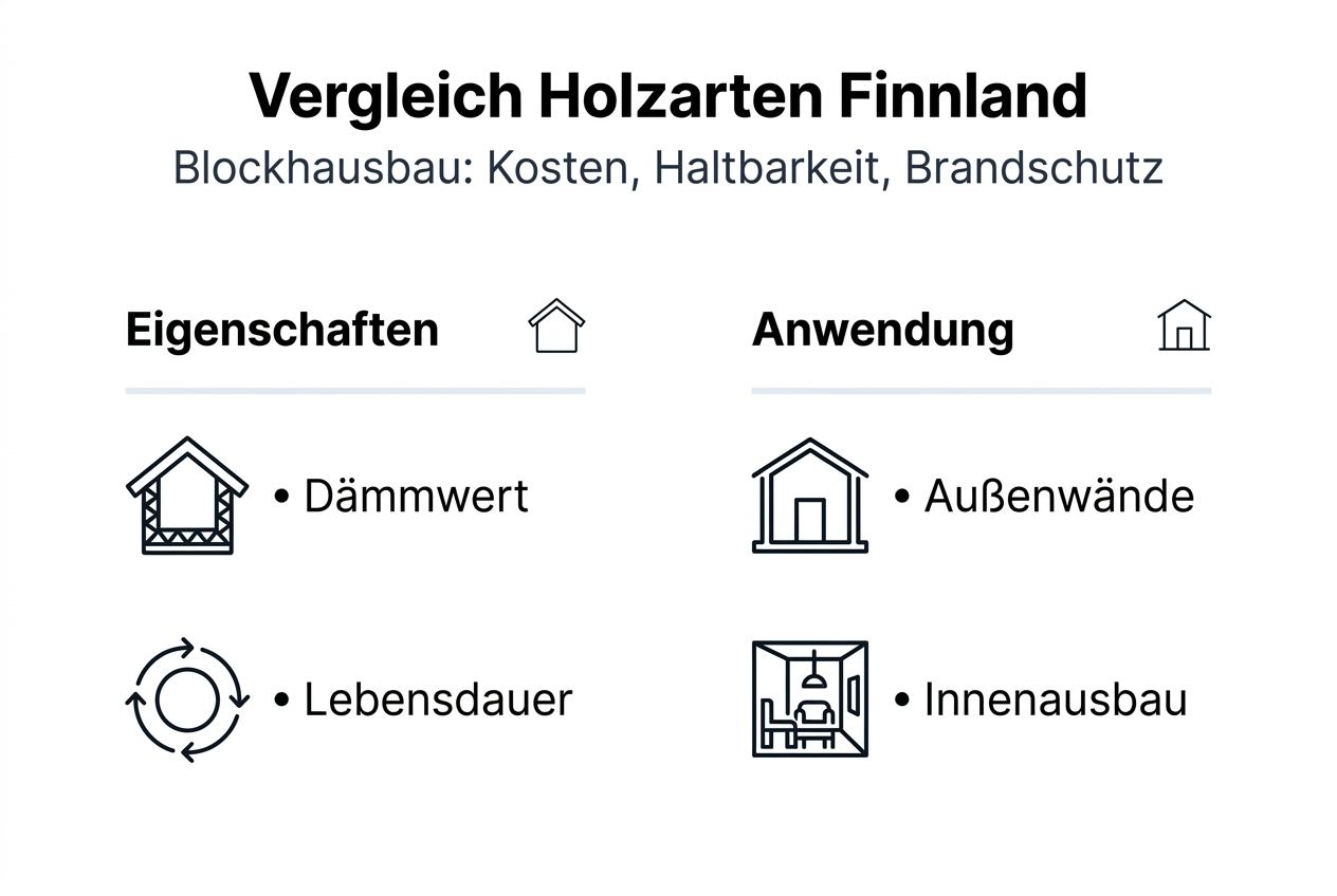 Vergleich der gängigsten Holzarten für Blockhäuser – eine übersichtliche Infografik
