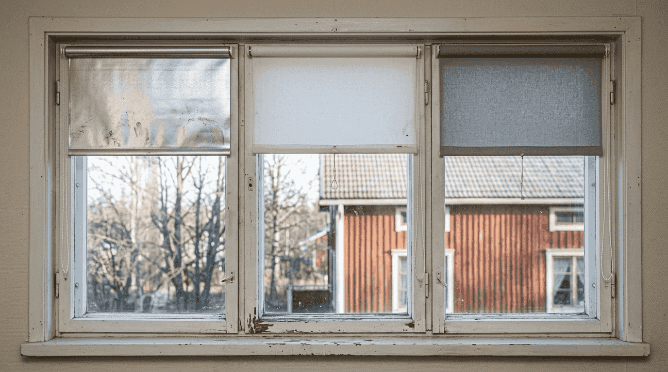 Ikkunassa on rinnakkain useita erilaisia sisäpuolisia markiiseja.