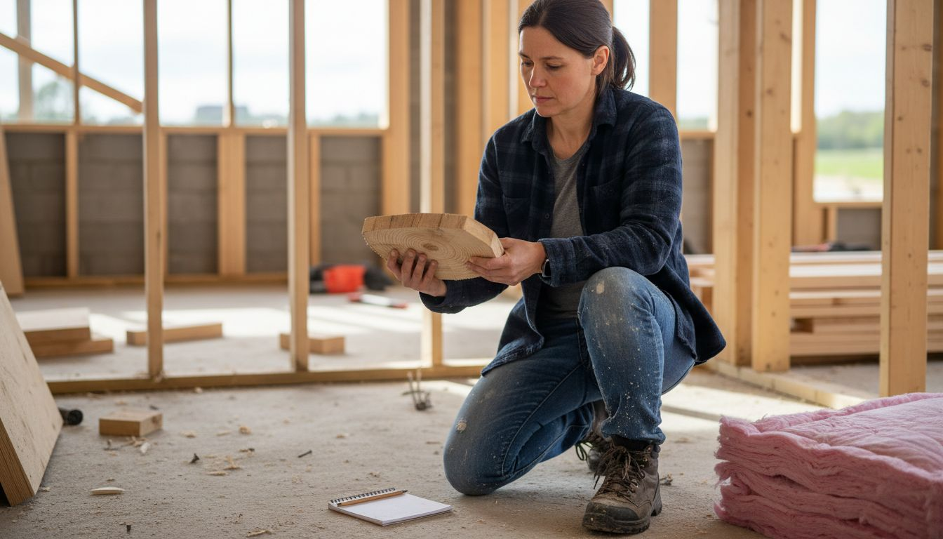 Ein Bauleiter prüft während der Bauphase die Qualität des verbauten Holzes.