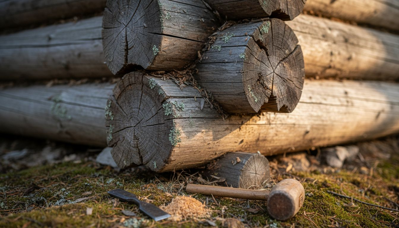Close-up of log house notching joint
