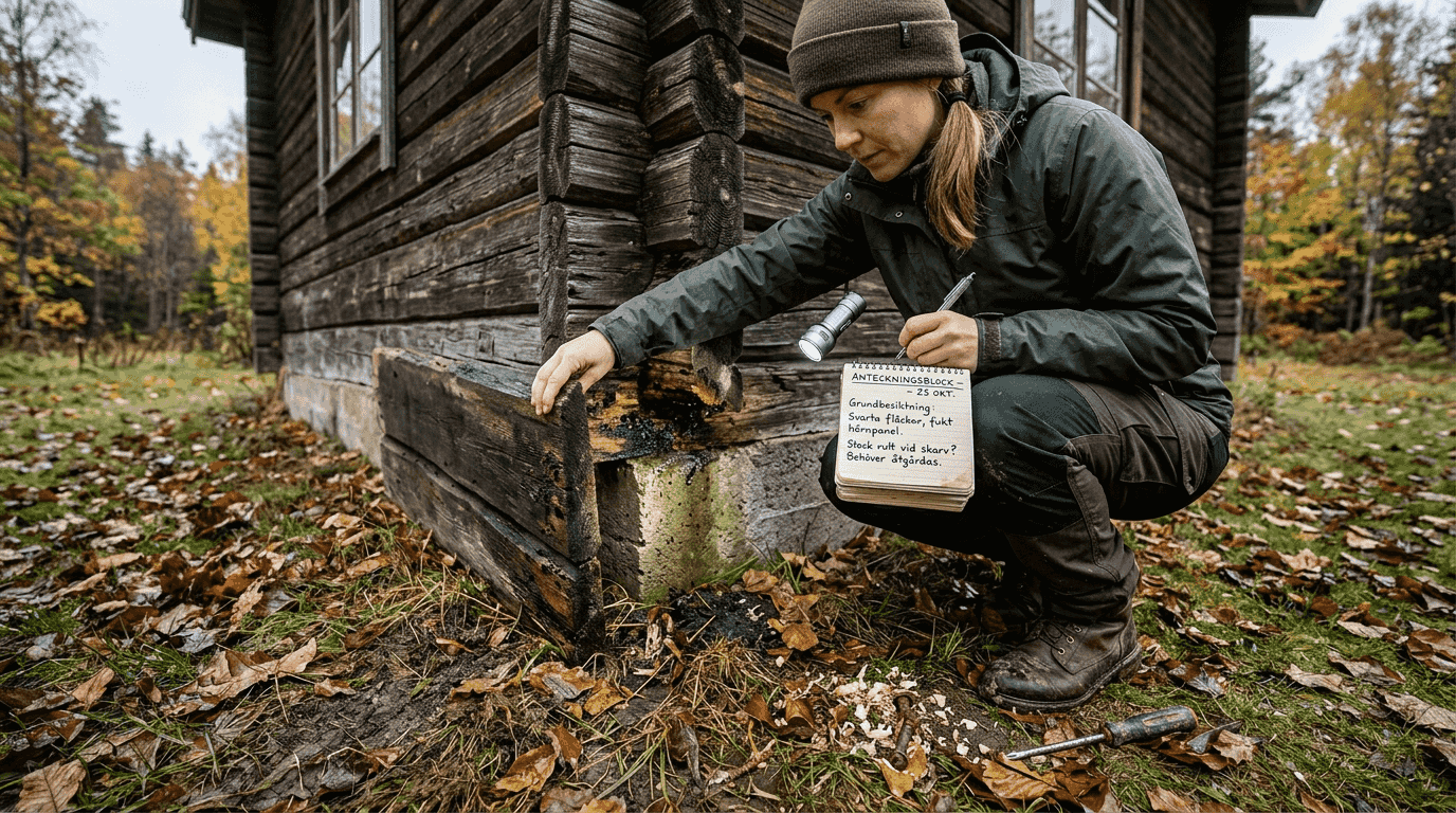 Kontrollroll av fuktskador på timmerhusets ytterpanel