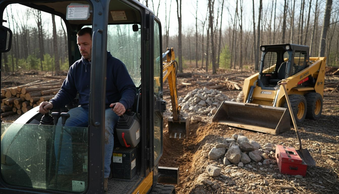 Excavator digging foundation trench for log villa
