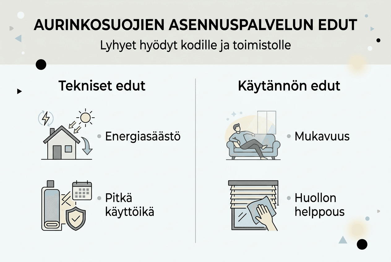 Infograafi: Aurinkosuojien asennuspalvelun edut pähkinänkuoressa
