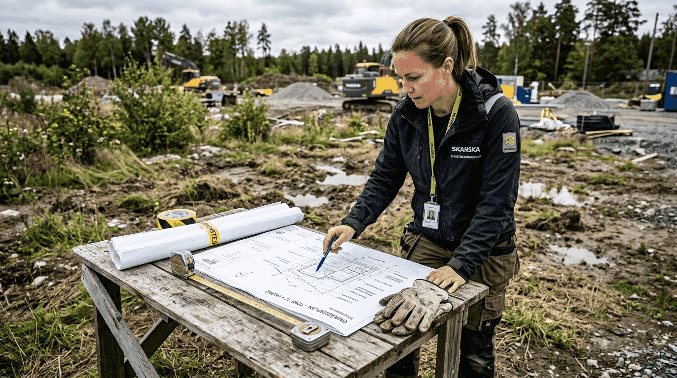 En planerare granskar ritningen för ett attefallshus och ser över hur det kan placeras på tomten.