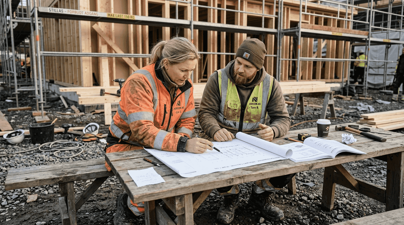 Samtale om tømmerhytte rundt arbeidsbenken på byggeplassen