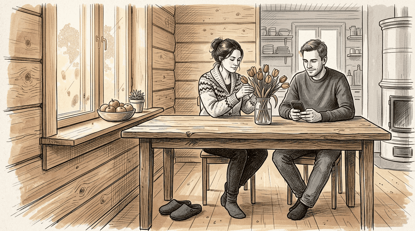 Pariskunta viihtyisän ja energiatehokkaan puutalokodin olohuoneessa