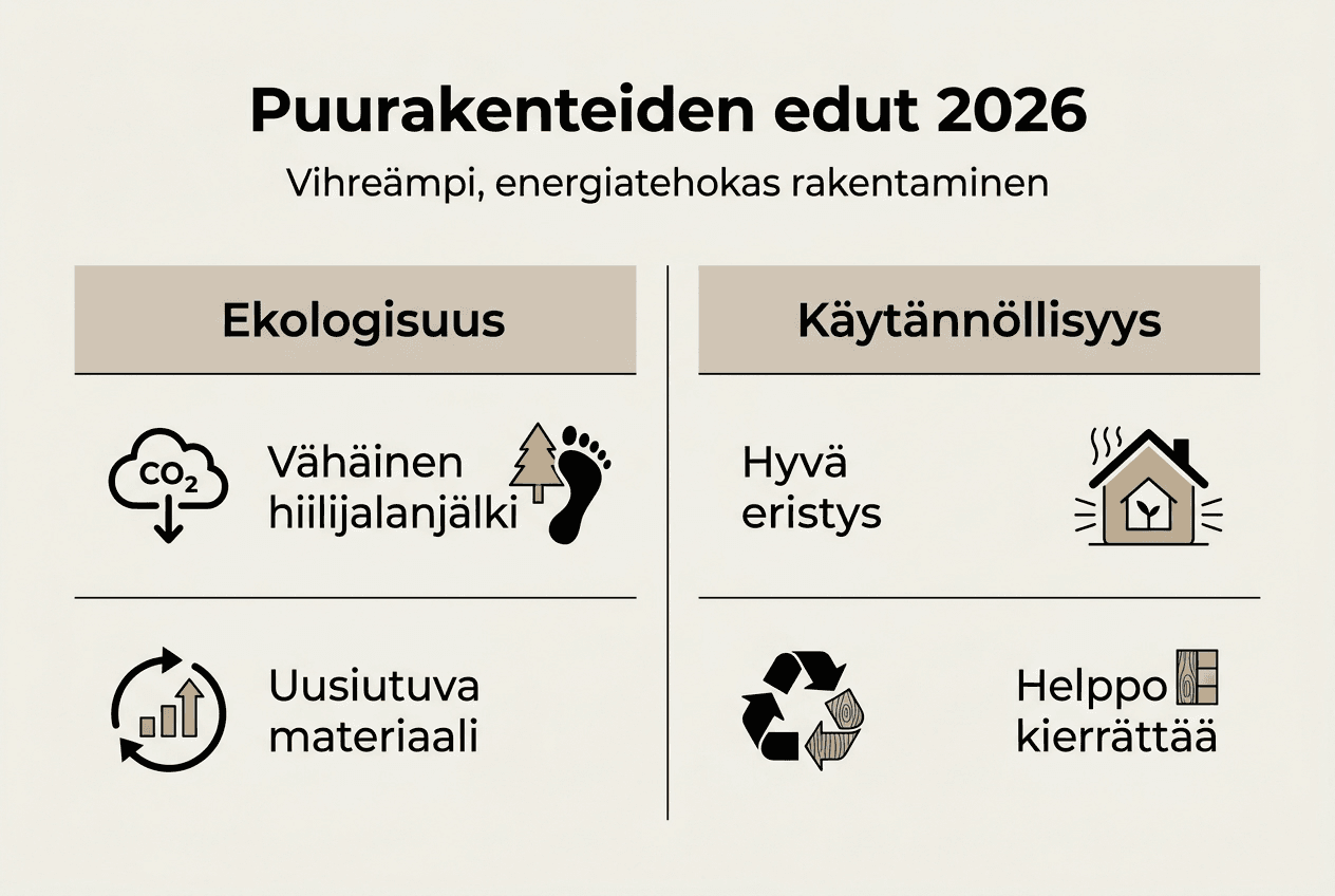 Kuvakooste: puurakentamisen ympäristöystävällisyys ja arjen hyödyt