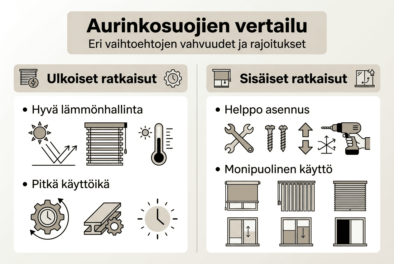 Infograafi: aurinkosuojien plussat ja miinukset pähkinänkuoressa