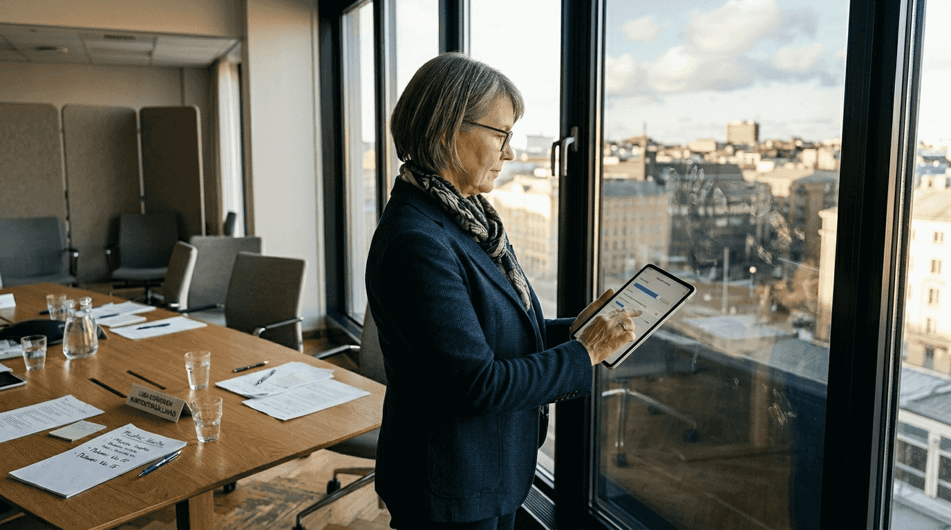 Esimies säätämässä älylasin tummuutta toimistossa