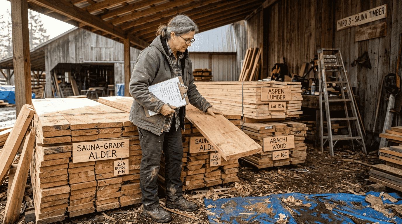 Person inspecting timber for sauna building