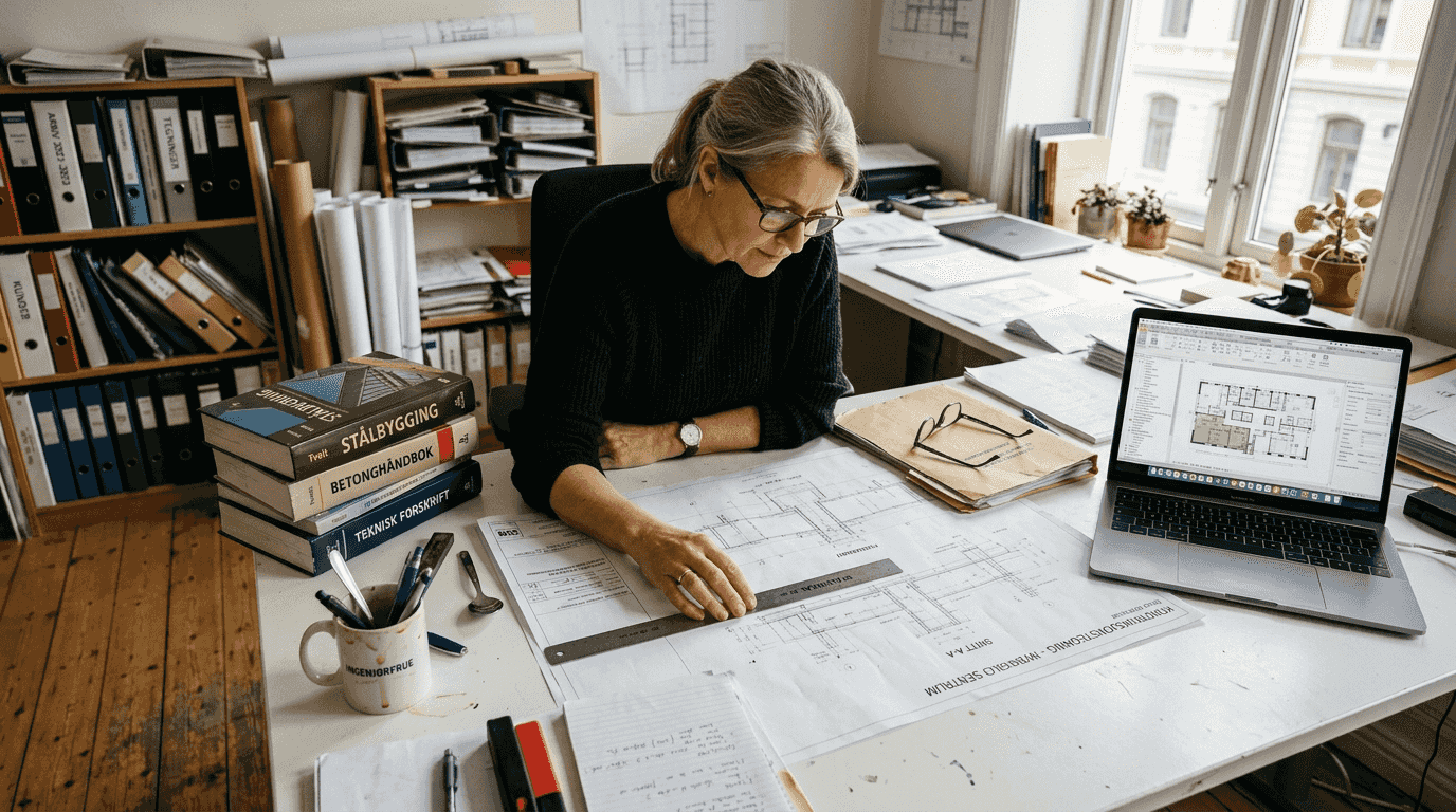 En ingeniør går nøye gjennom byggetegningene for laftehytta for å sikre at alt stemmer før byggestart.