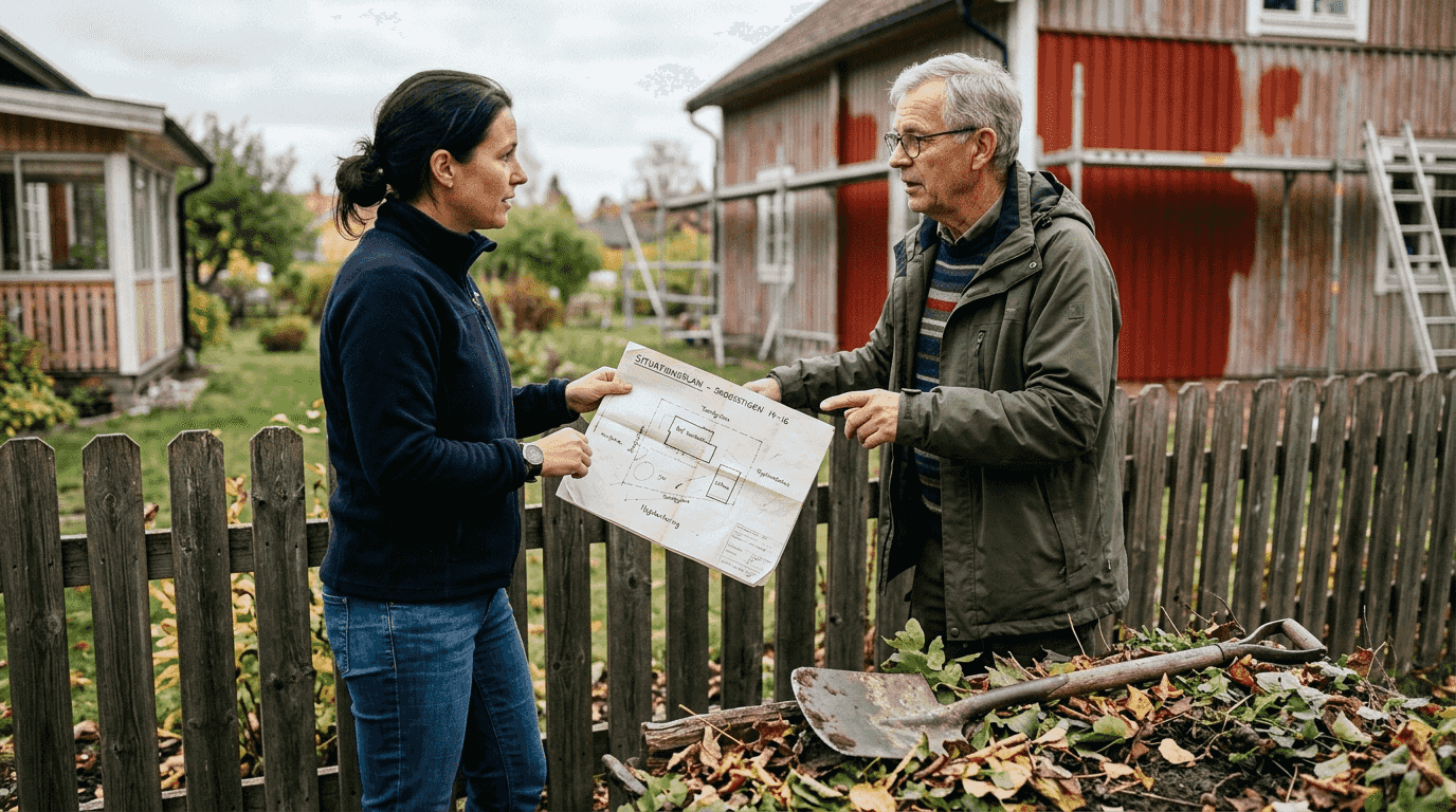 Grannarna pratar om bygglovsfrågor i anslutning till tomtgränsen