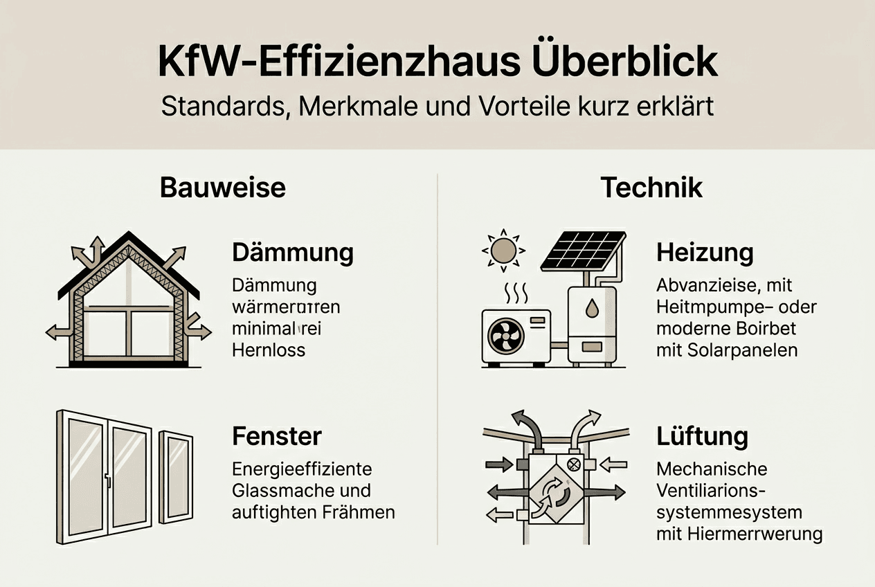 Übersicht der wichtigsten Eigenschaften von KfW-Effizienzhäusern – anschaulich dargestellt in einer Infografik.