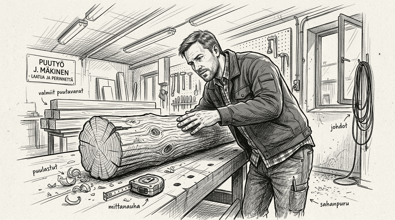 Puuseppä tarkastelee mäntytukkia varmistaakseen sen laadun.