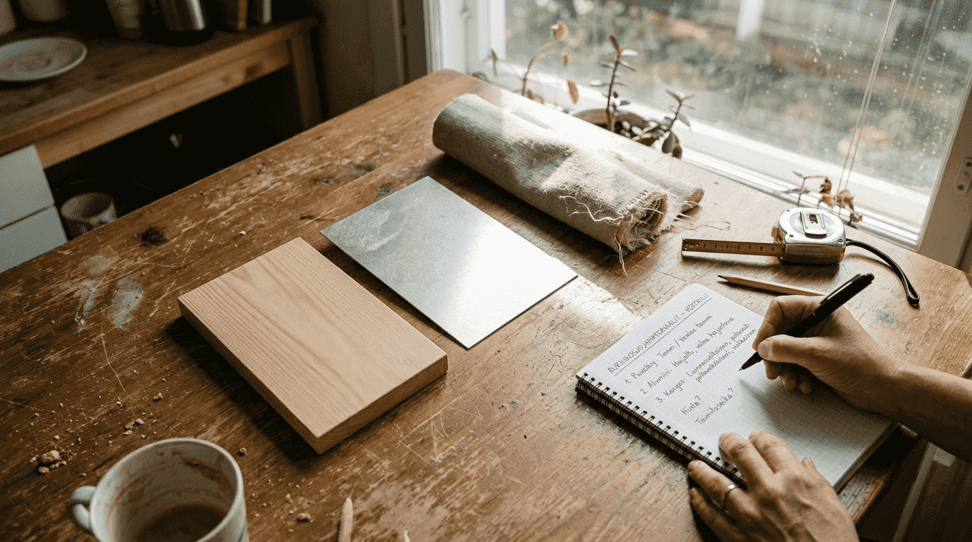 Keittiön pöydällä on aurinkosuojakankaan mallipaloja.