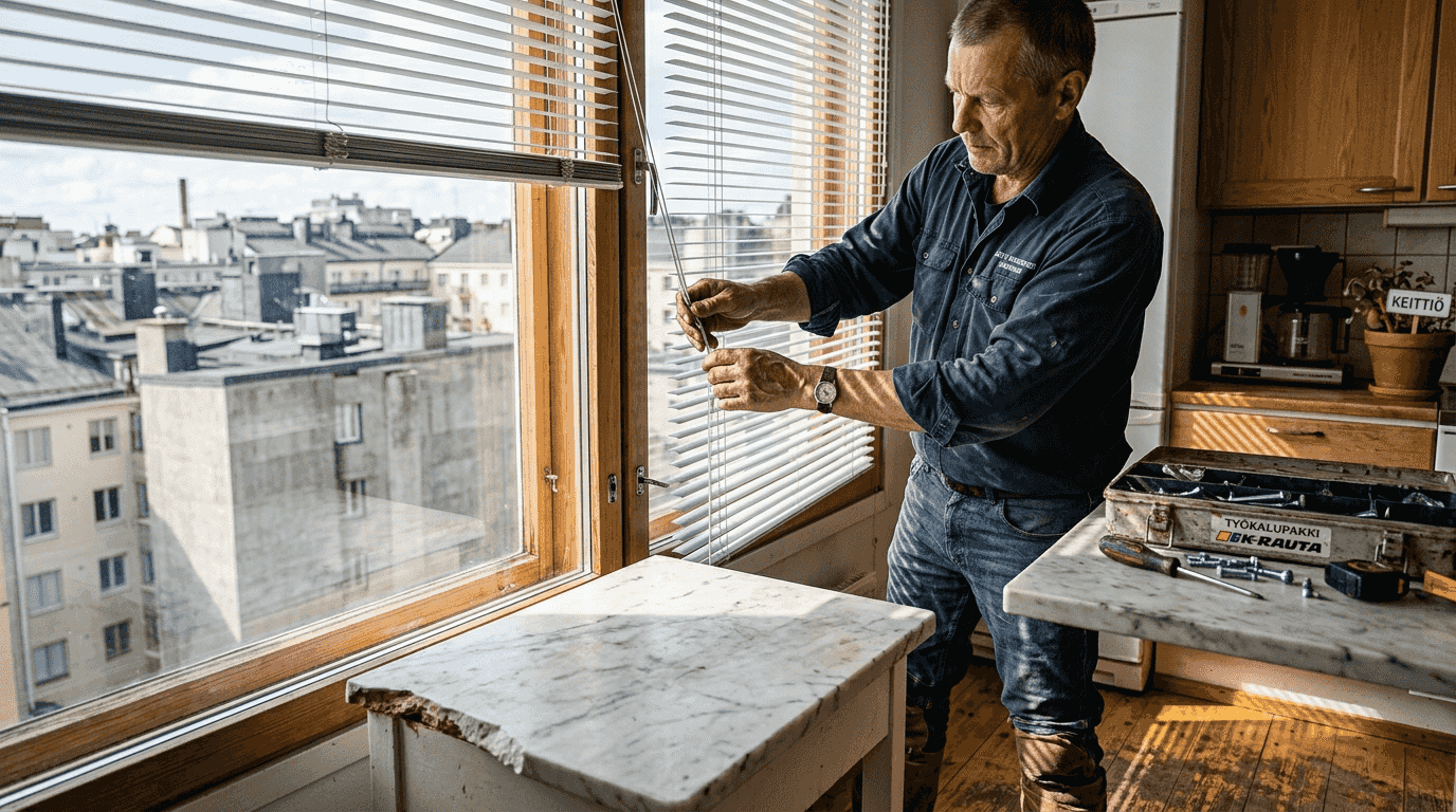 Asentaja säätää keittiön alumiinisälekaihtimia paikoilleen.