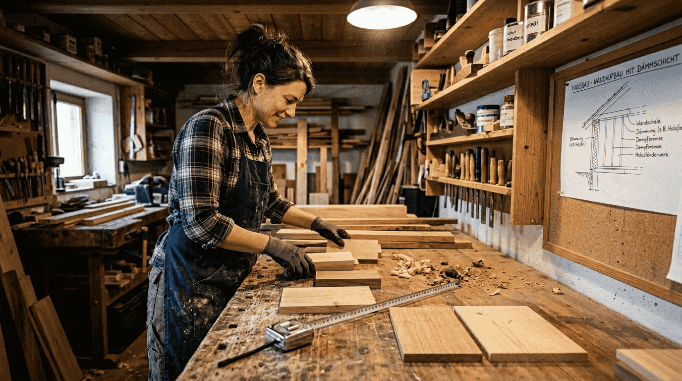 Eine Handwerkerin wählt verschiedene Holzsorten aus, um sie für die Dämmung zu verwenden.