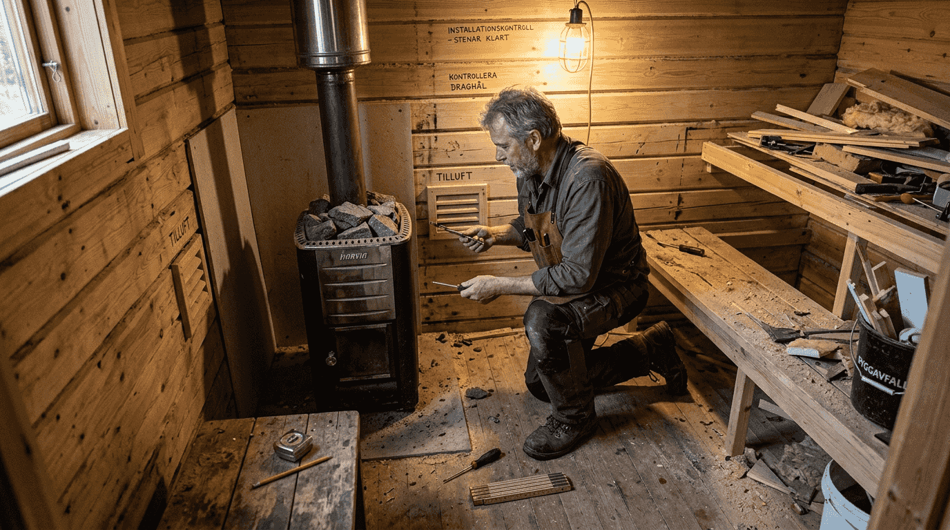 Fackman går igenom bastuaggregat och ventilation