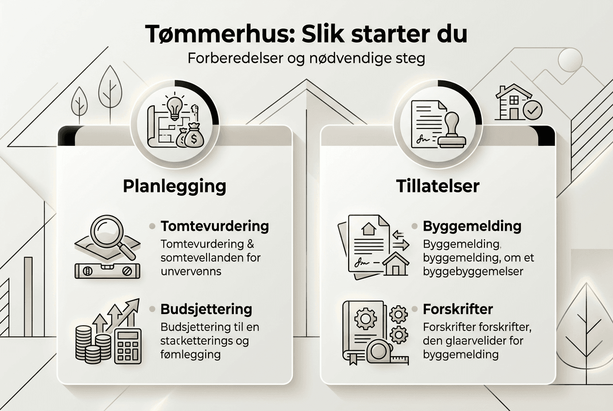 Infografikk som viser de viktigste stegene i byggingen av et tømmerhus