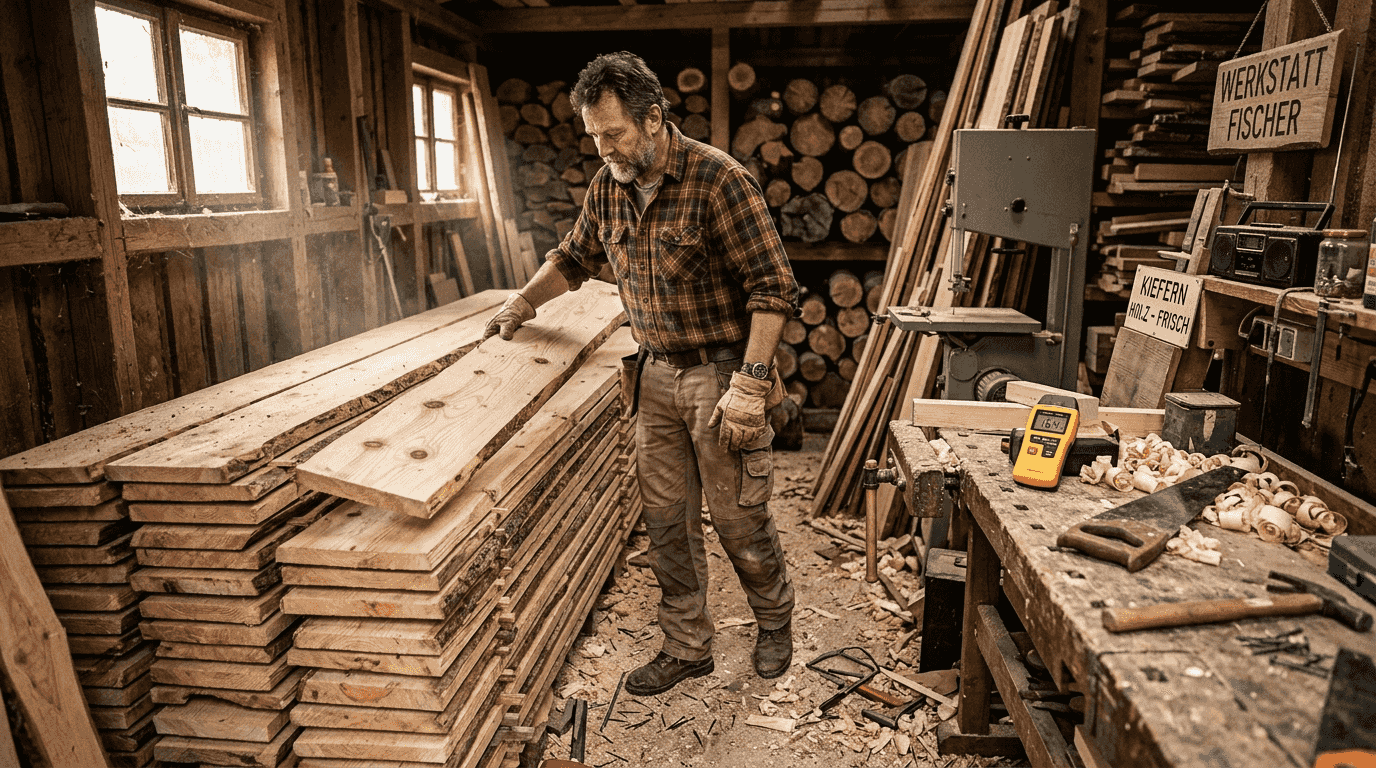 Ein Schreiner lagert sein Kiefernholz in einer urigen Werkstatthütte.