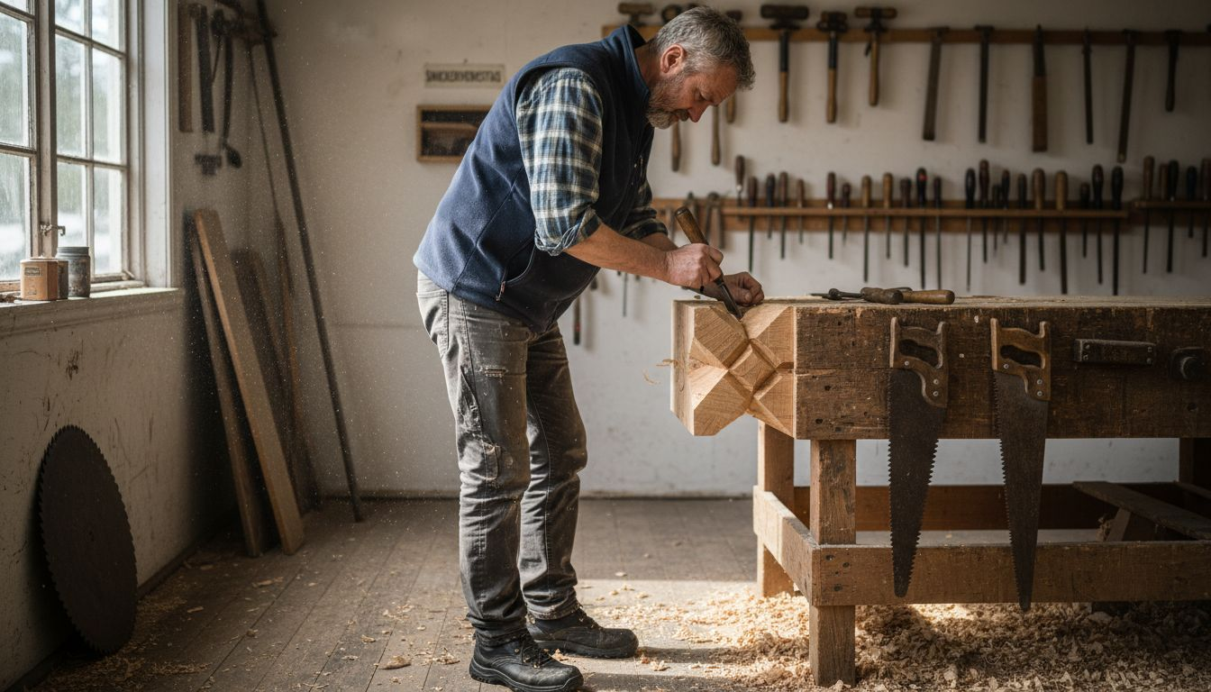 En snickare arbetar noggrant fram en knut på stocken.