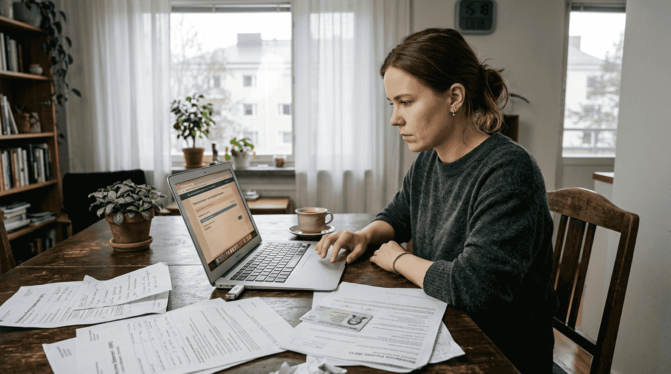Woman uploads permit documents at dining table