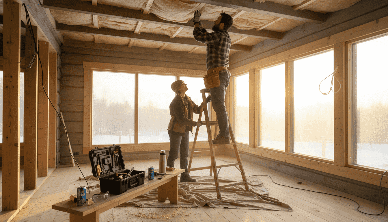 Et par jobber sammen med å legge isolasjon inne i en tømmerhytte.
