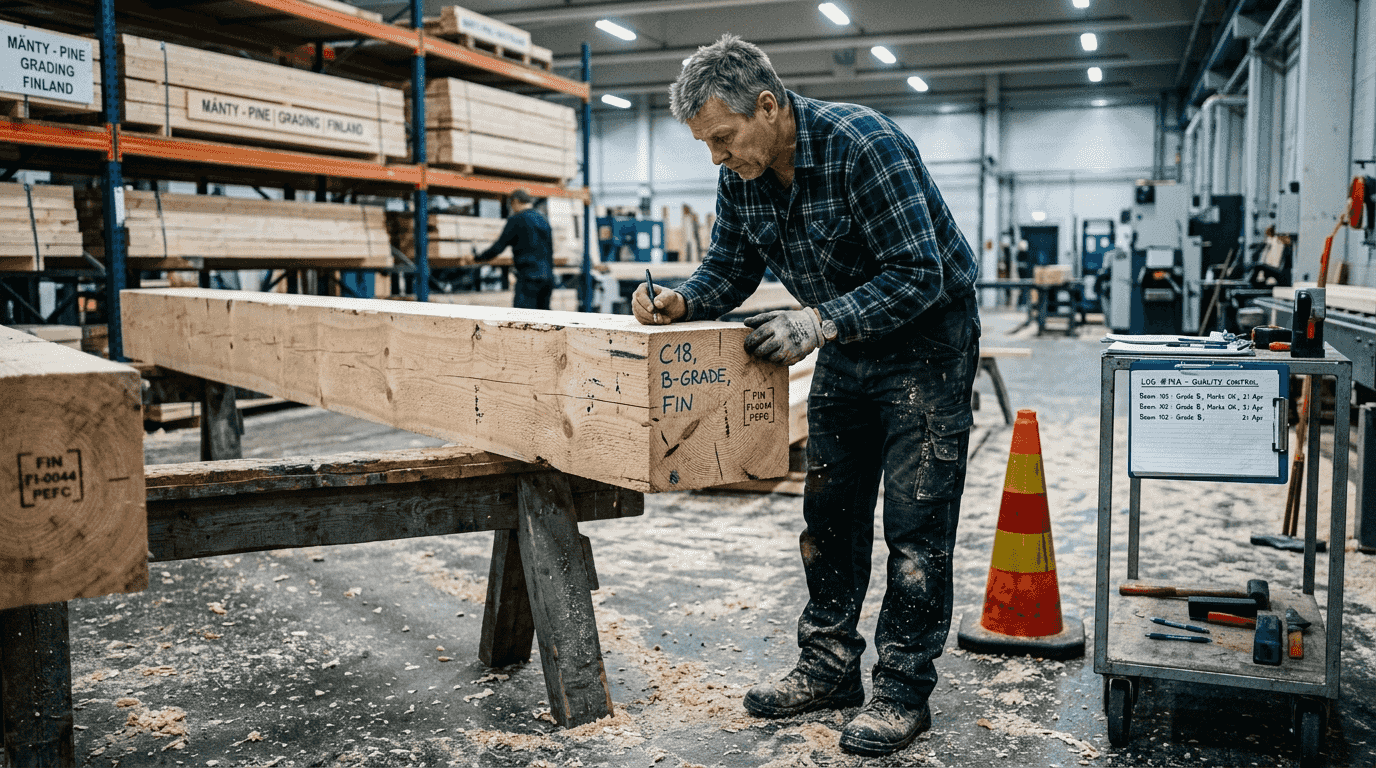 Worker checking timber for quality marks
