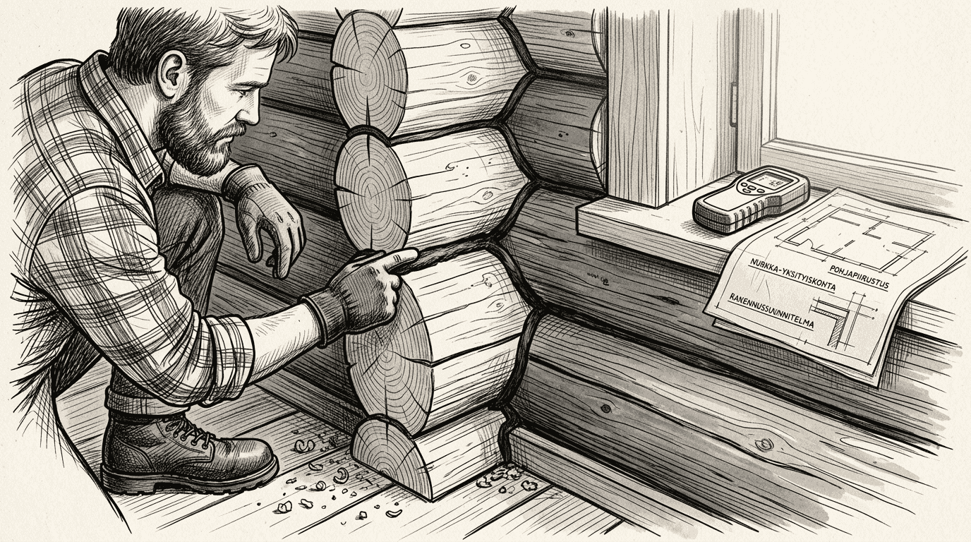 Hirsirakentamisen edut suomalaisille kotirakentajille 2026 2 Timpuri tarkastaa hirsiseinän eristysratkaisuja ja yksityiskohtia.