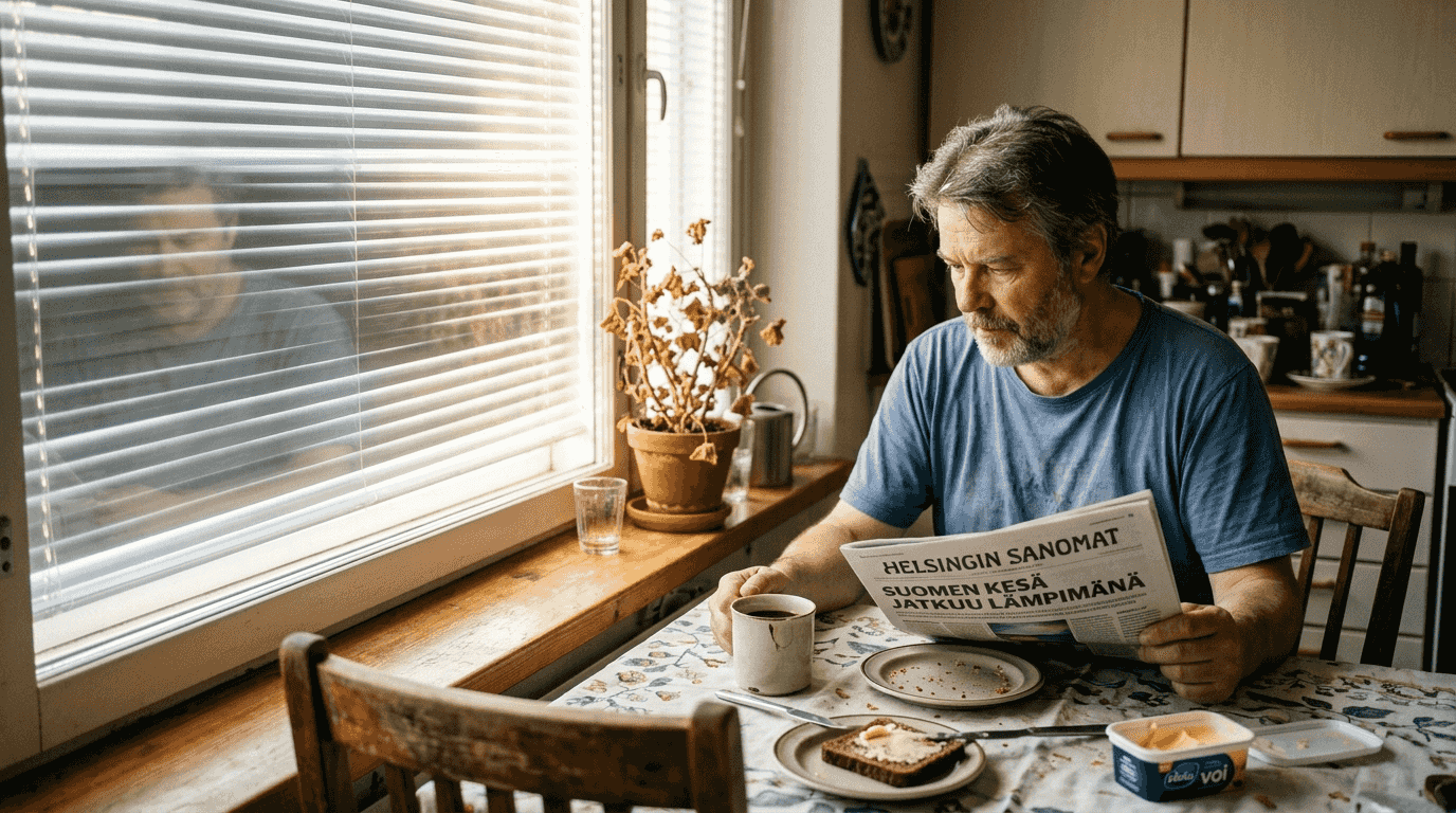 Mies suojaa kotiaan kirkkaalta kesäauringolta heijastavilla sälekaihtimilla.