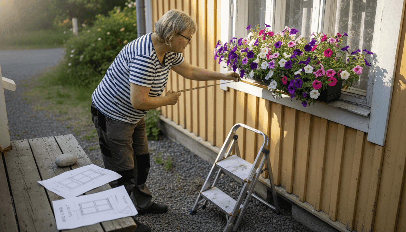 Nainen mittailee ikkunaa suunnitellessaan markiisien asennusta.