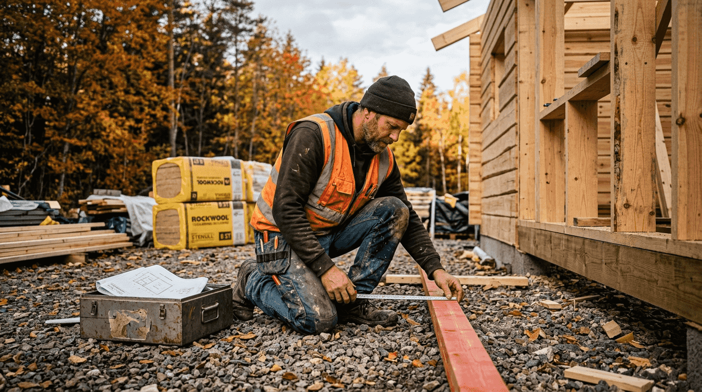 Byggherren tar själv mått på plats inför uppförandet av timmerhuset.