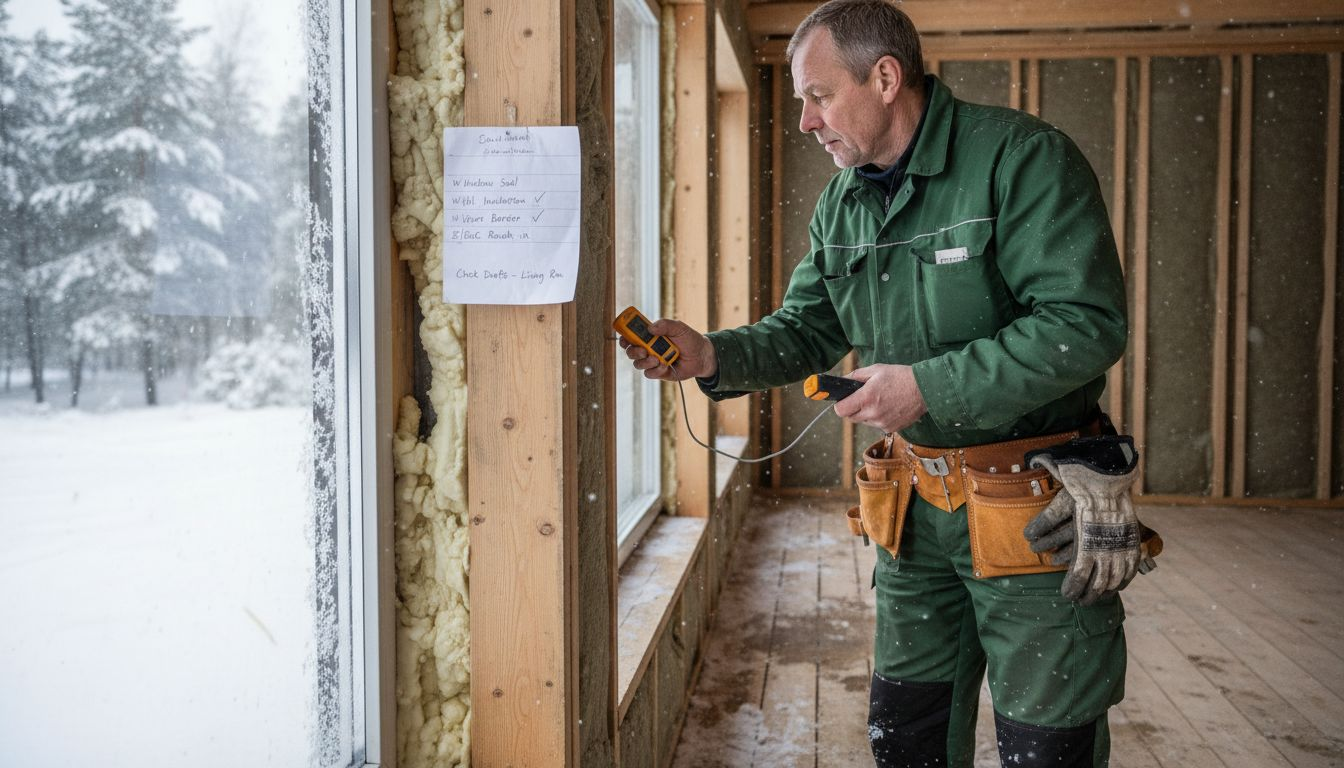 Contractor checks insulation on snowy cottage site