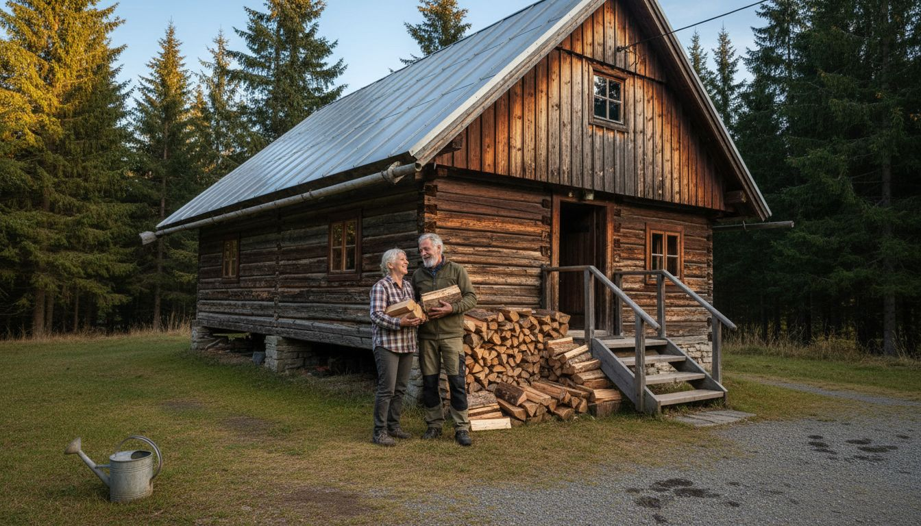 Ein Blockhaus mit Satteldach, in dem Menschen wohnen, und rustikalen Holzbalken, die für eine gemütliche Atmosphäre sorgen.