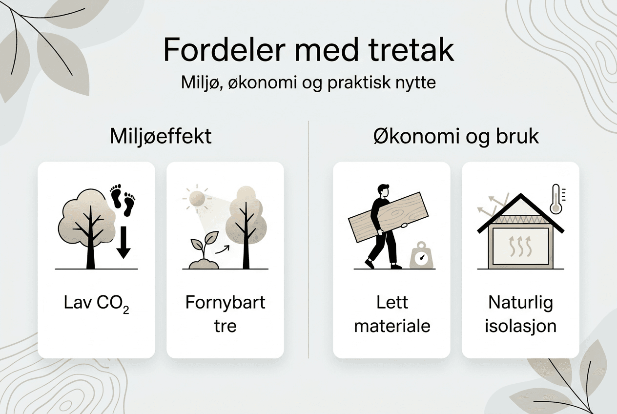 Se hvordan tretak bidrar til et bærekraftig bygg – her får du oversikt over både miljøgevinster og praktiske fordeler ved å velge tretak.