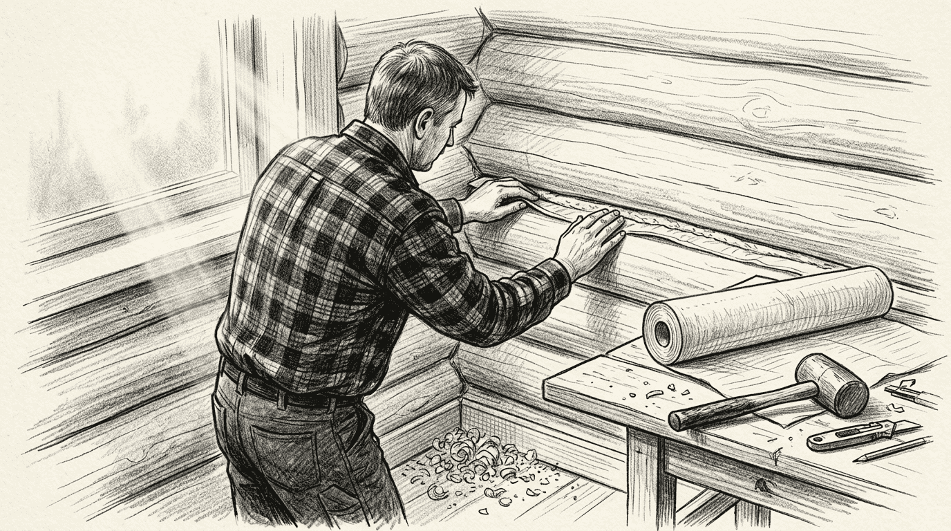 Mies säätää eristeitä hirsimökin seinässä.