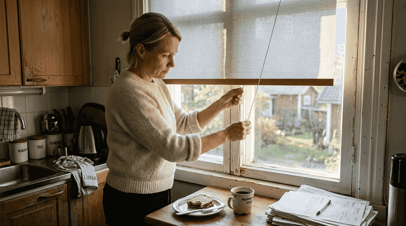 Nainen vetää keittiön pieniä sälekaihtimia alas.