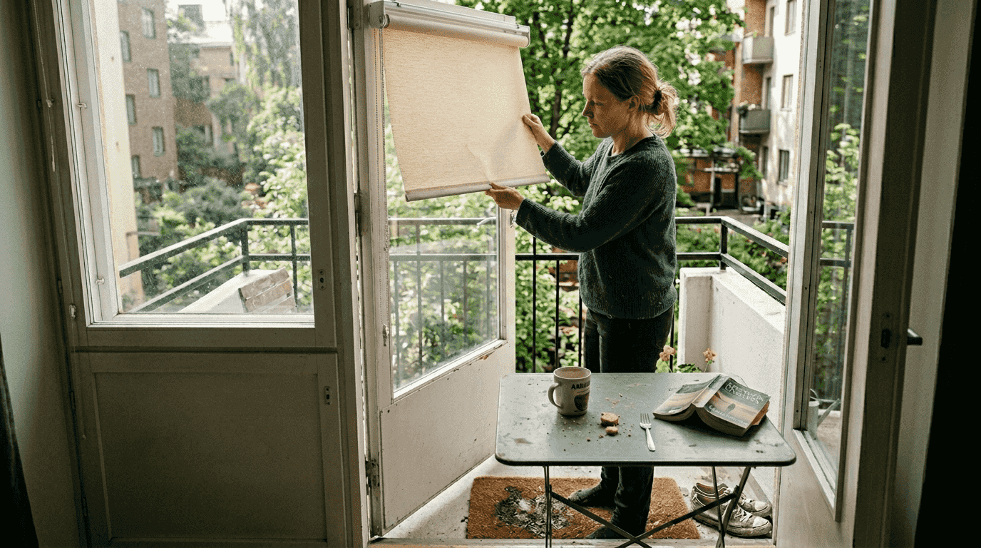 Nainen vetää parvekkeen sälekaihtimia alas pienellä parvekkeellaan.