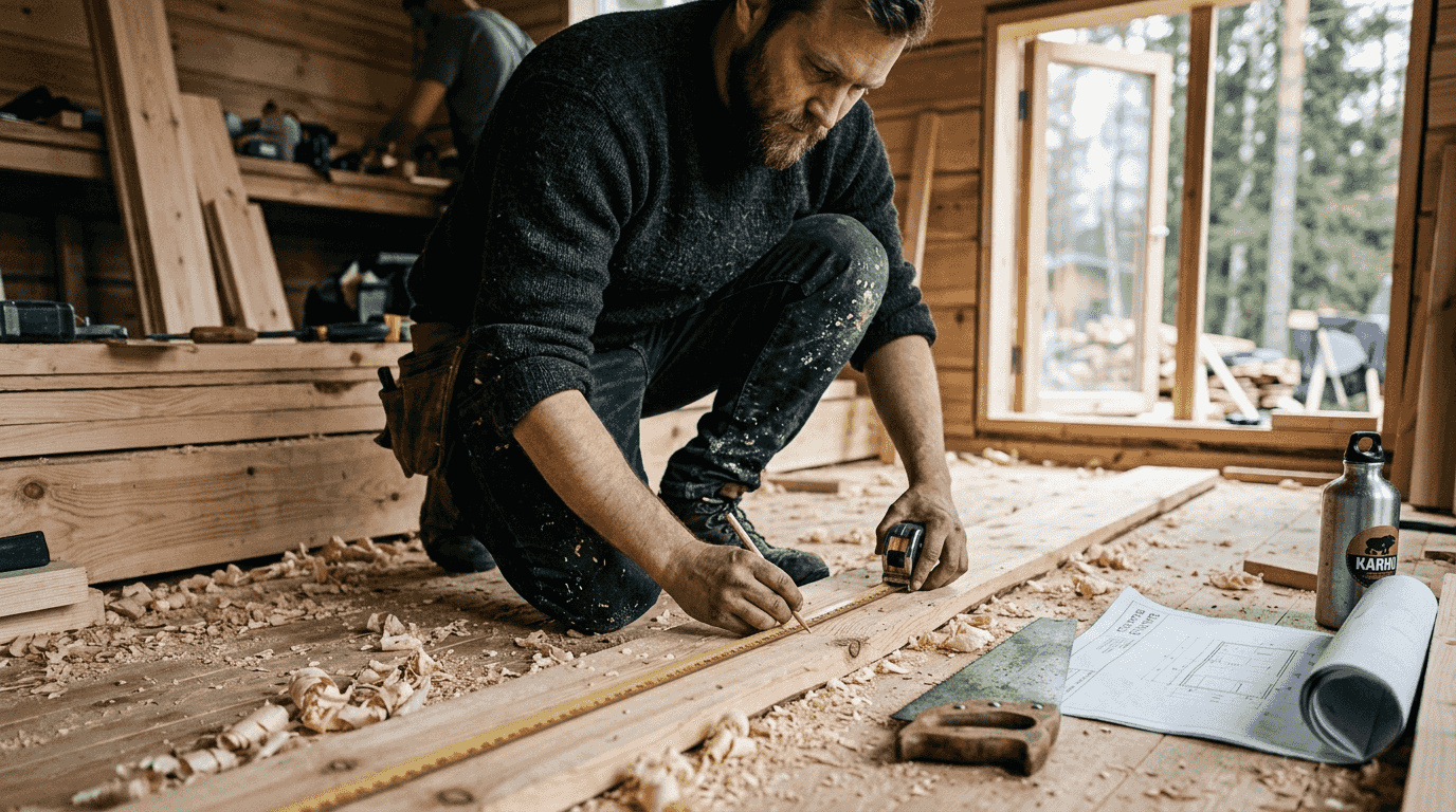 Carpenter measuring pine plank for sauna