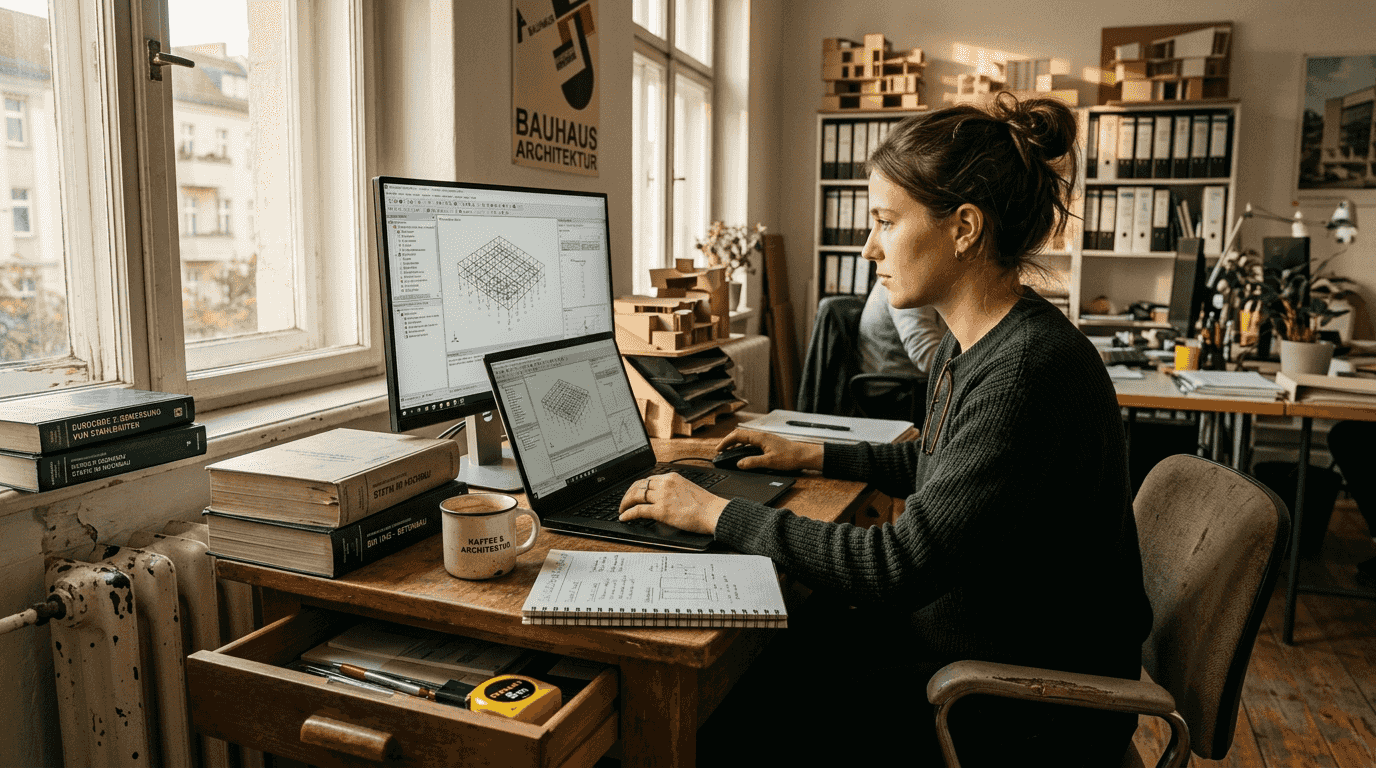 Eine Architektin arbeitet am Laptop an der statischen Auslegung eines Bauprojekts.