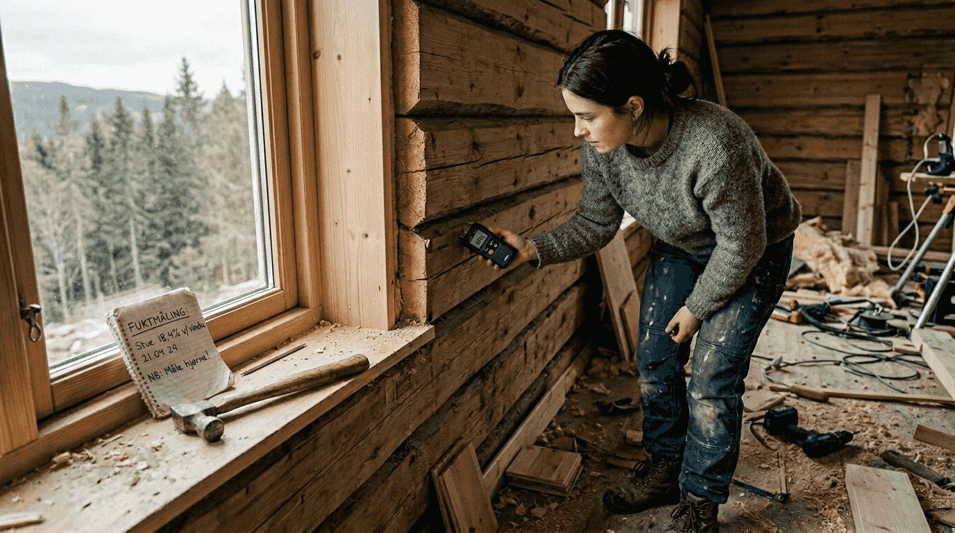 Kvinne sjekker fuktnivået i veggen på tømmerhuset