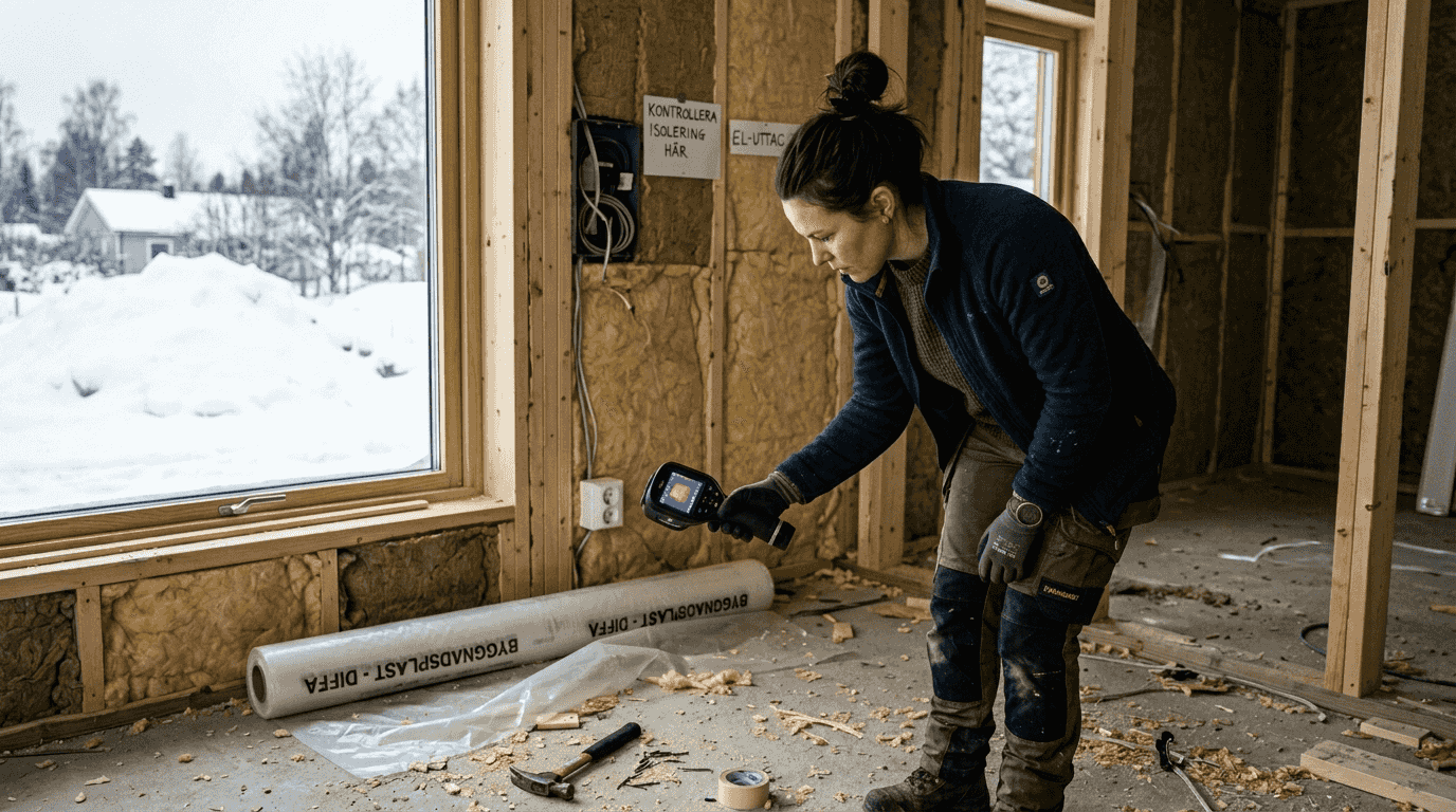 Kvinna undersöker isolering och ser till att huset är ordentligt tätt