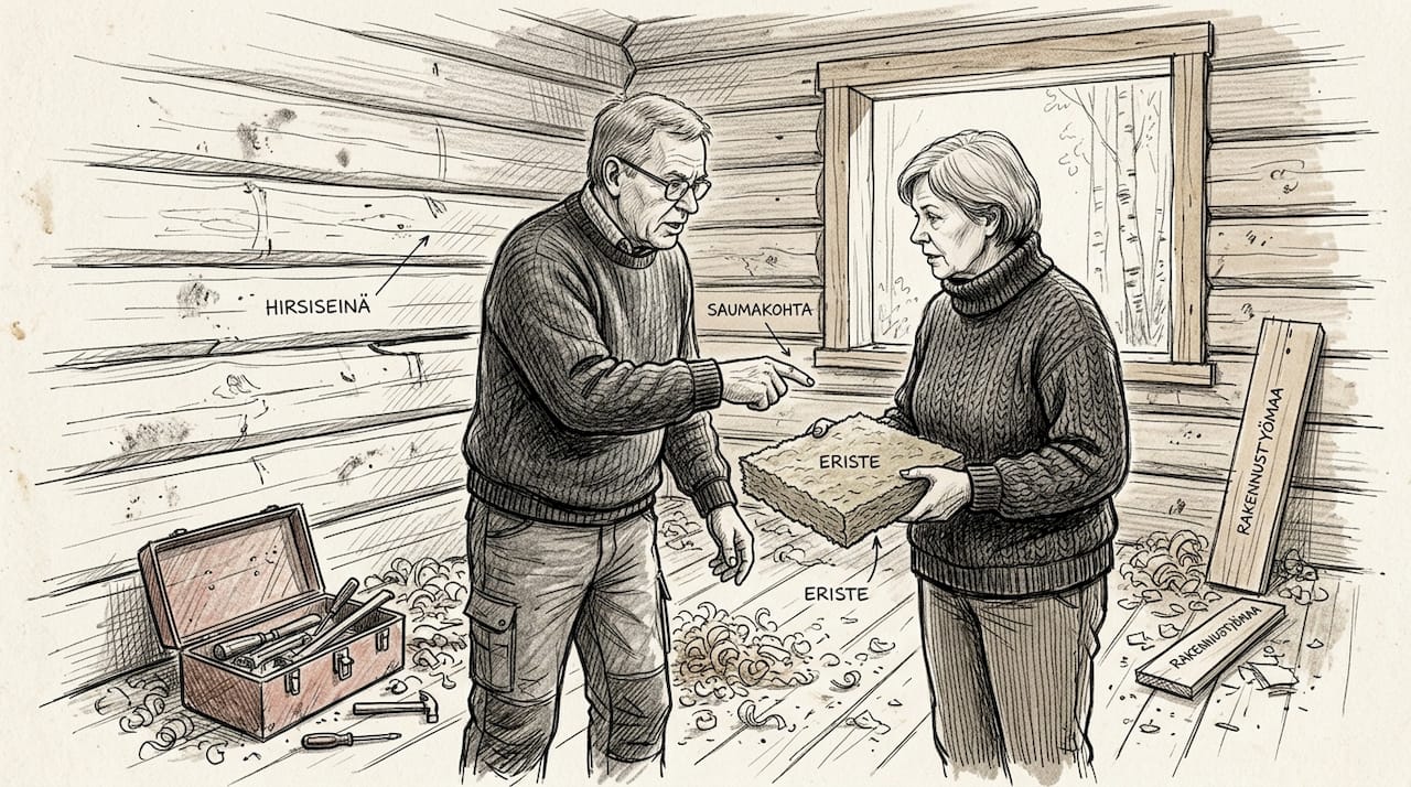 Pariskunta tarkastelee saunan hirsiseinän eristystä yhdessä.